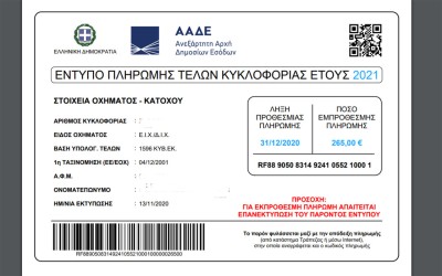 Επίσημο: Παράταση για τα τέλη κυκλοφορίας