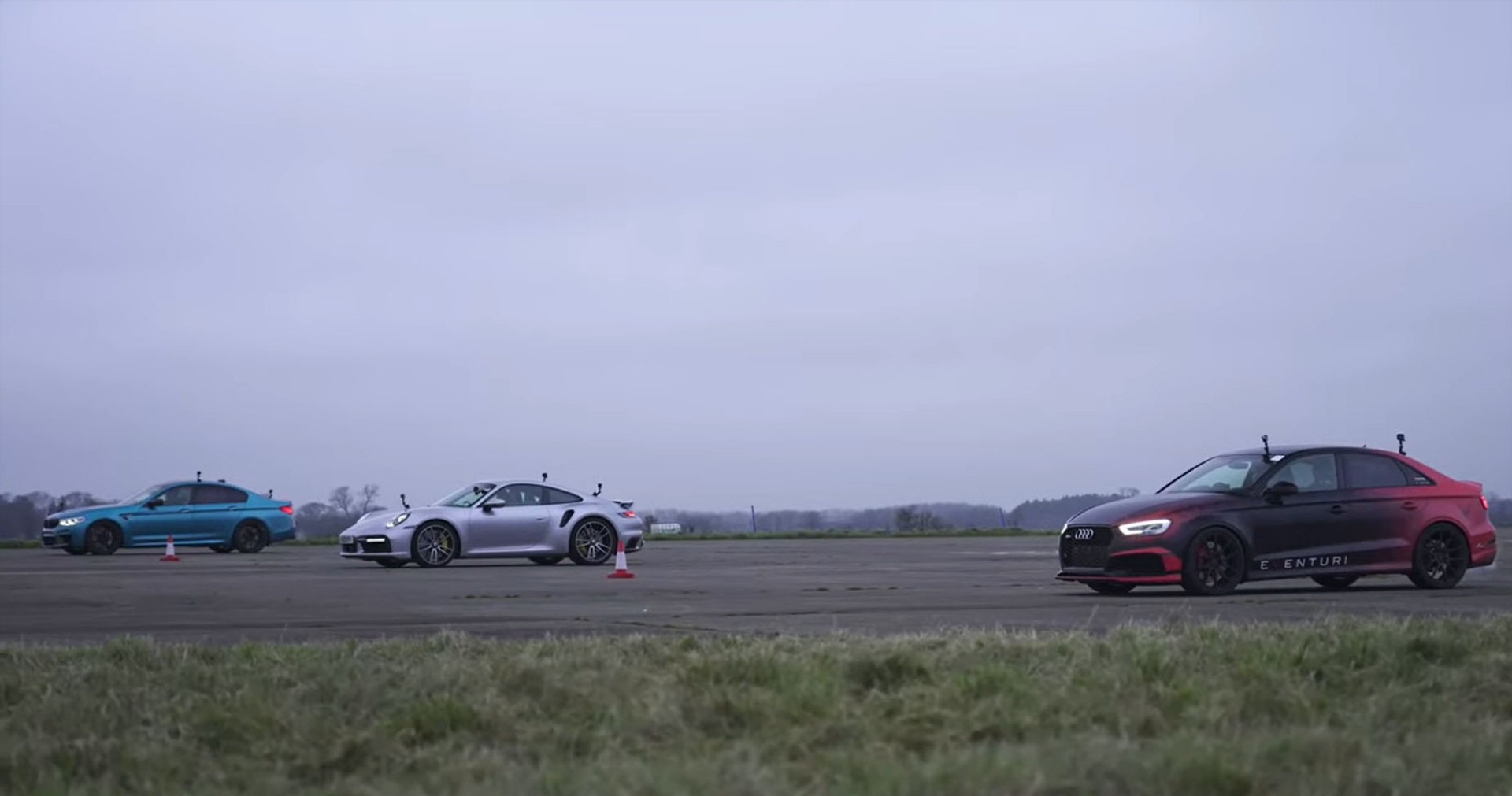 Drag Race: Audi RS3 vs BMW M5 vs Porsche 911 Turbo S