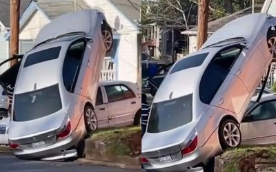 Απίστευτο: BMW κατέληξε σε στάση... σούζας! [video]