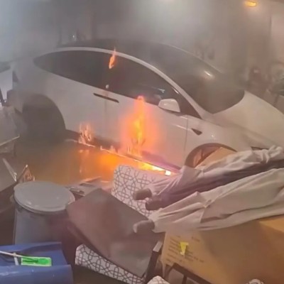 Η στιγμή που το Tesla παίρνει φωτιά – Είχε πλημμυρίσει το γκαράζ (video)